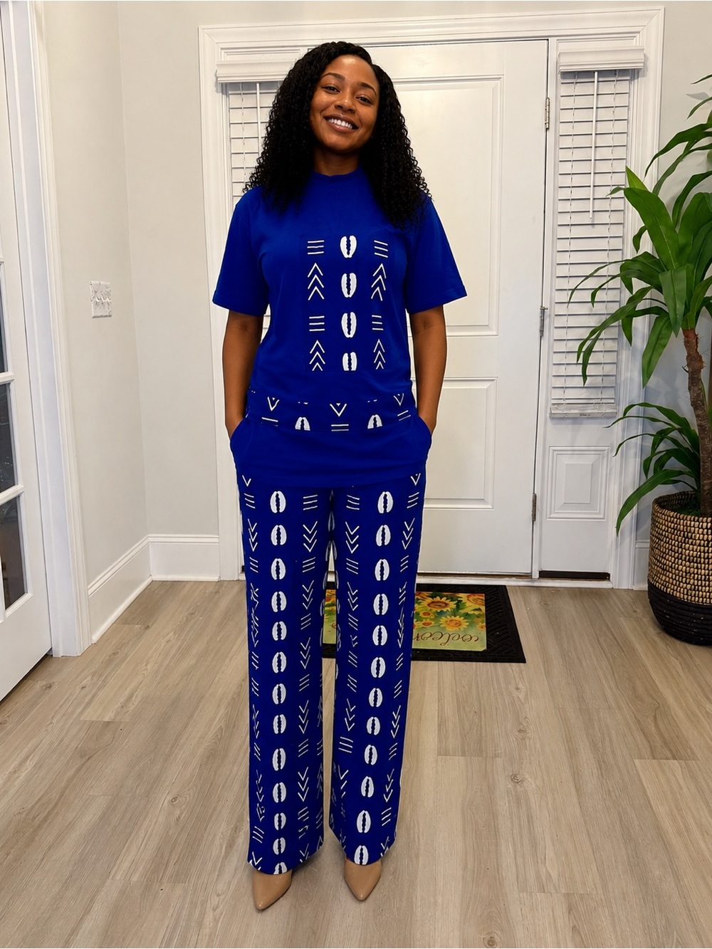 Women's Royal Blue Printed Two-Piece Set - Relaxed Tee & Wide-Leg African Print